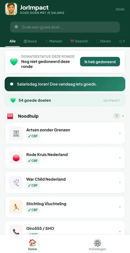 Voorbeeld van de JorImpact app met donatiestatus en goede doelen